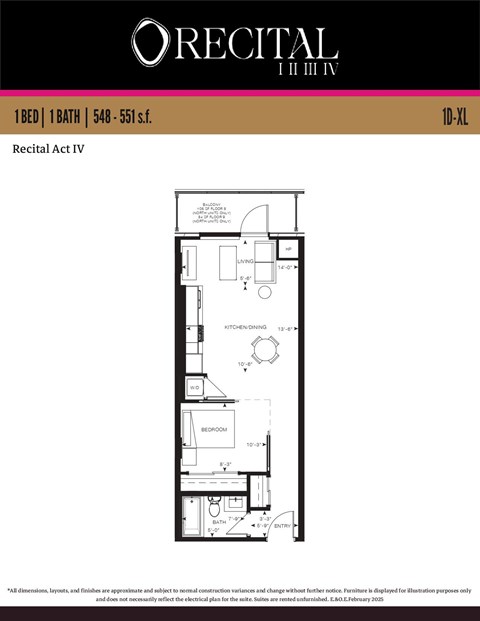A drawing of a floor plan for a one bedroom, one bathroom apartment.